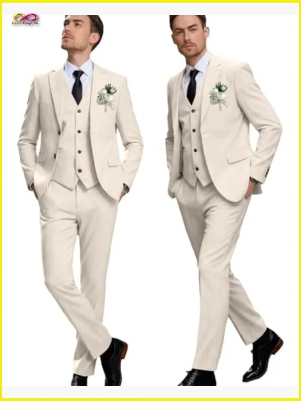 Retro Slim Fit Linen Suit Set 3 Piece Blazer Vest Pants Formal Casual